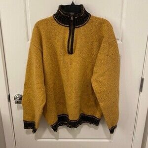 Jan Paulsen Wool Blend Flecked Donegal Knit 1/4 Zip Mock Neck Sweater Yellow XXL